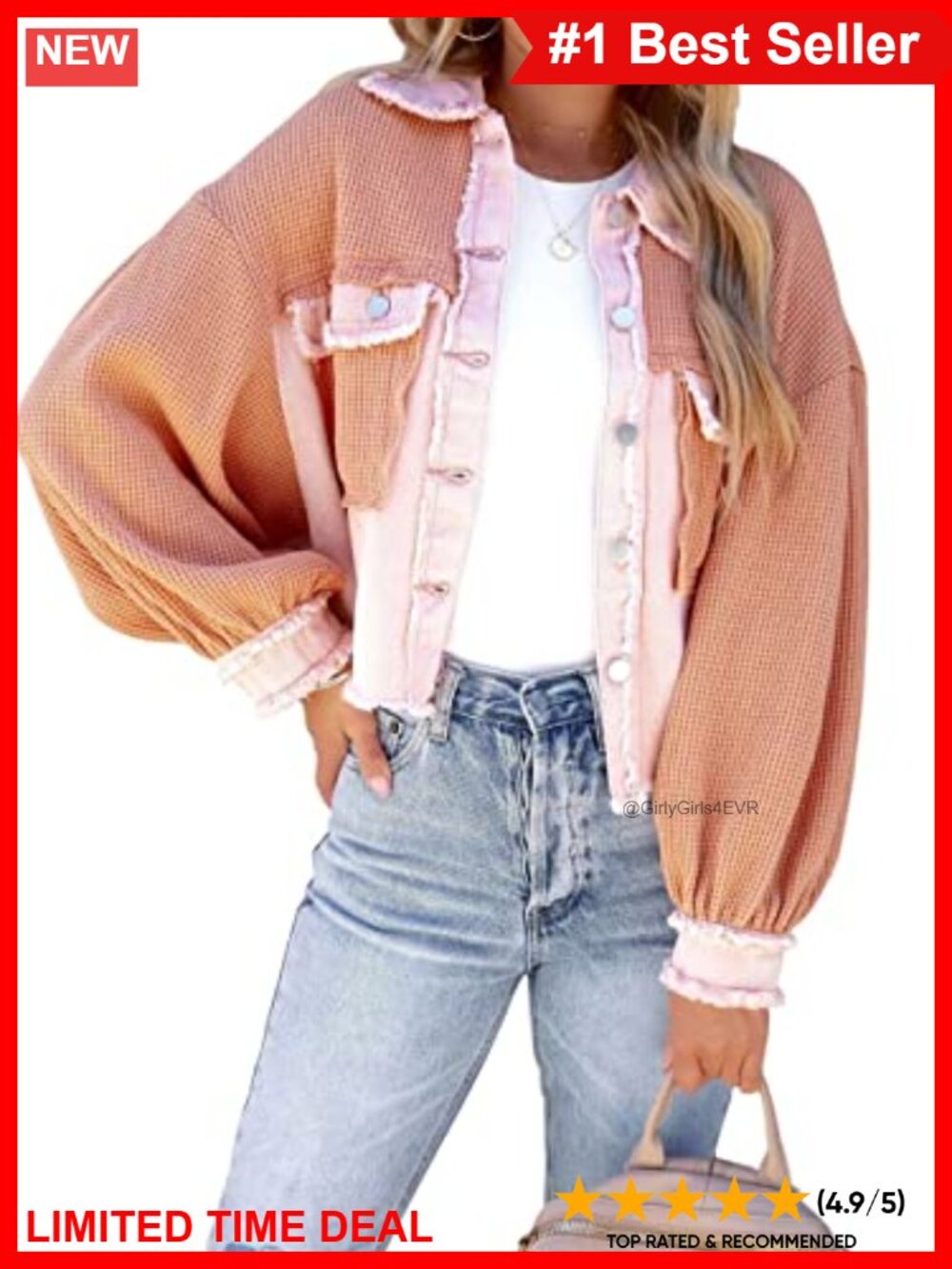 Waffle Knit Cropped Shacket Button Down Shirt Long Sleeve Raw Hem